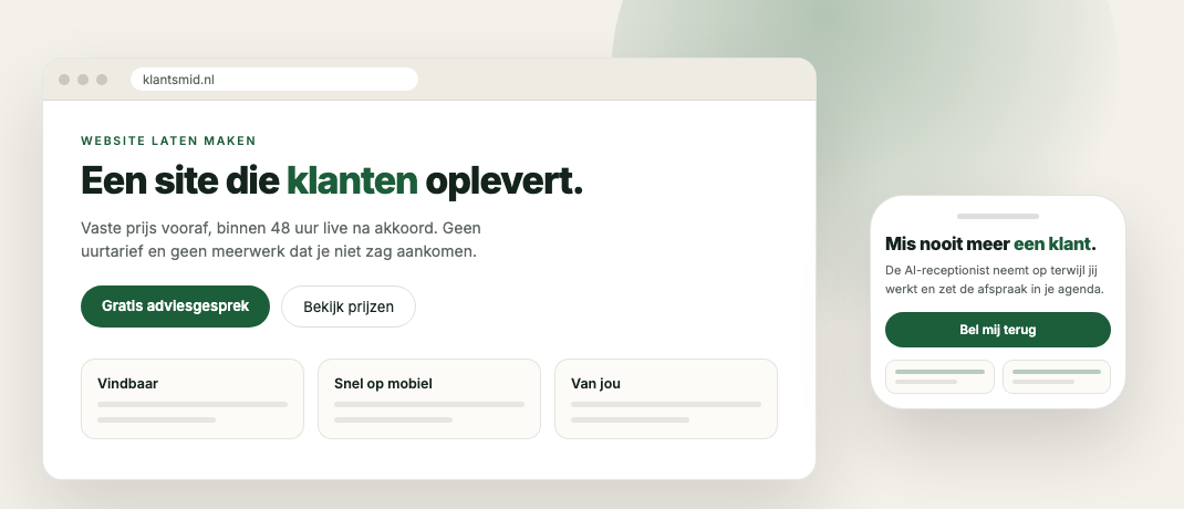Voorbeeld van een website en een AI-receptionist zoals Klantsmid die bouwt